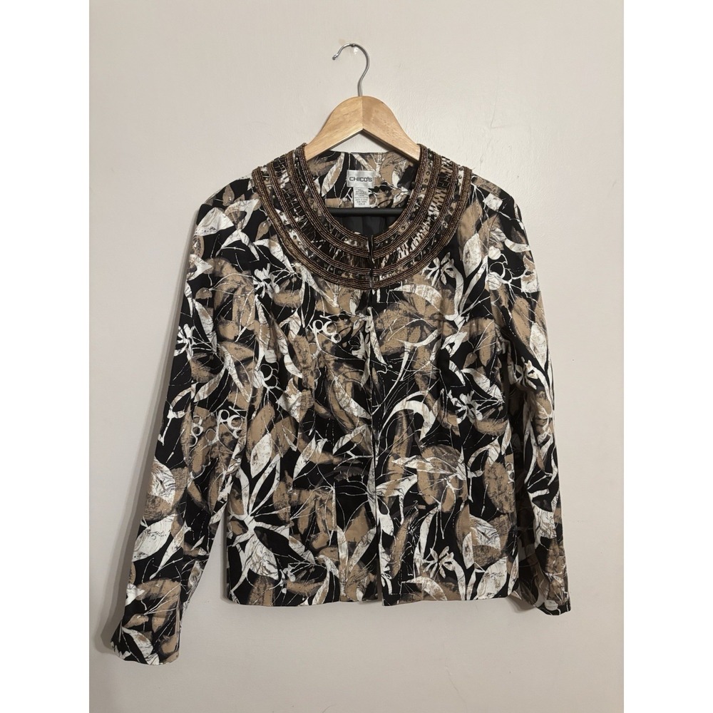 Chicos 2 Women's Size 12 Black/Brown Leaf Print Beaded Jacket Lined
